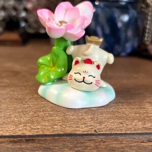 Cute Cat Figurine with Pink Flower